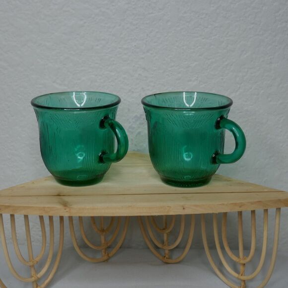Vintage Fortecrisa Mexico Emerald Green Glass Tea Cup Mug 1980s Set of 2 - Picture 6 of 8